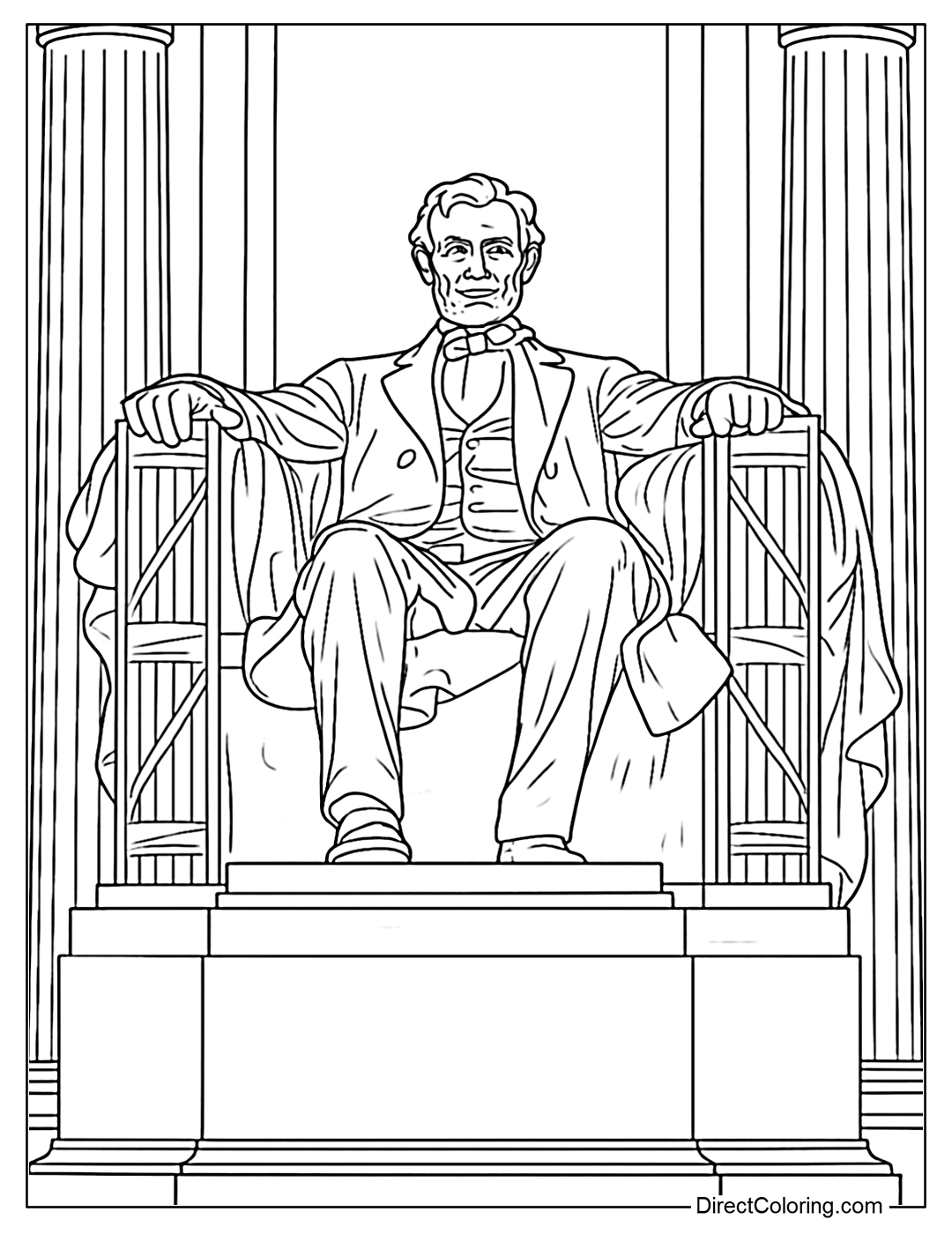 Lincoln statue coloring page sitting majestically among white columns.